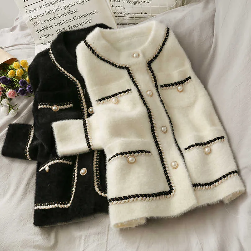Koreanische Vintage Faux Nerz Kaschmir Mantel Frauen Winter Kleidung Bogen Schal Kontrast Farbe Crop Pullover Strickjacke Jacken Oberbekleidung 211025