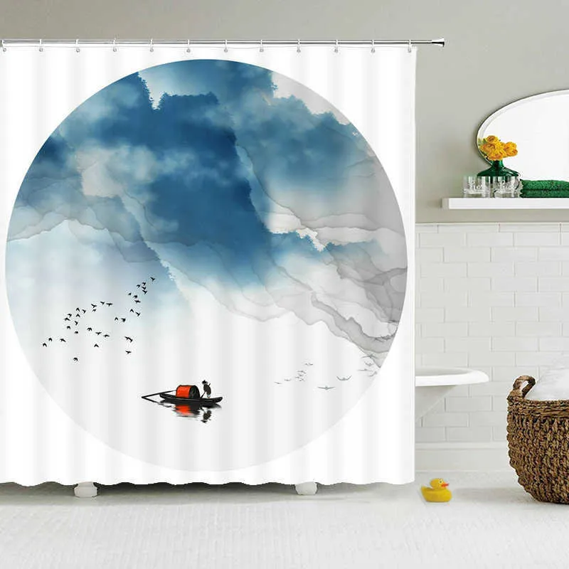 Waterproof Polyester Fabric Shower Curtain with 12 Hook Chinese landscape flower bird Bath Home Decor Bathroom s 210915
