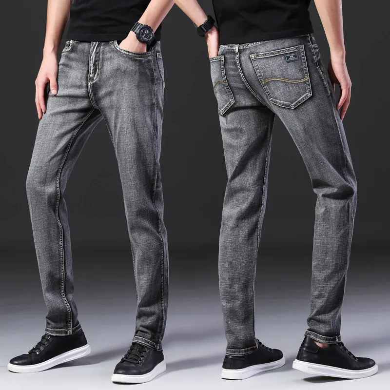 Spring Summer Men's Classic Grey Jeans Elastic Men's Stretch-fit Thin Jeans Business Casual Classic Style 210318