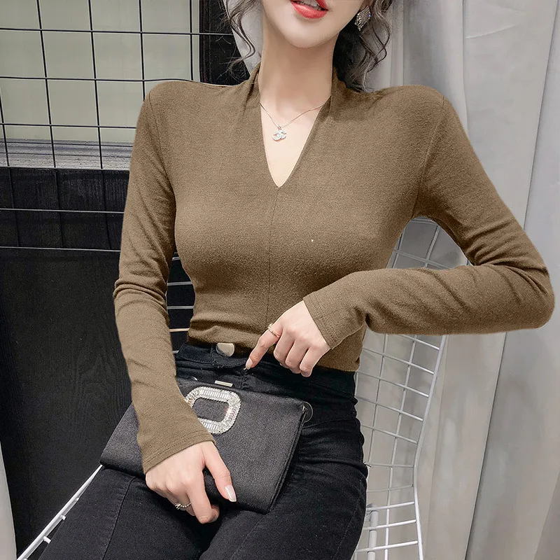 Women's Spring Autumn Tops European Style Solid Color V-neck Long-sleeved Tight-fitting Slimming Bottoming GX225 210507