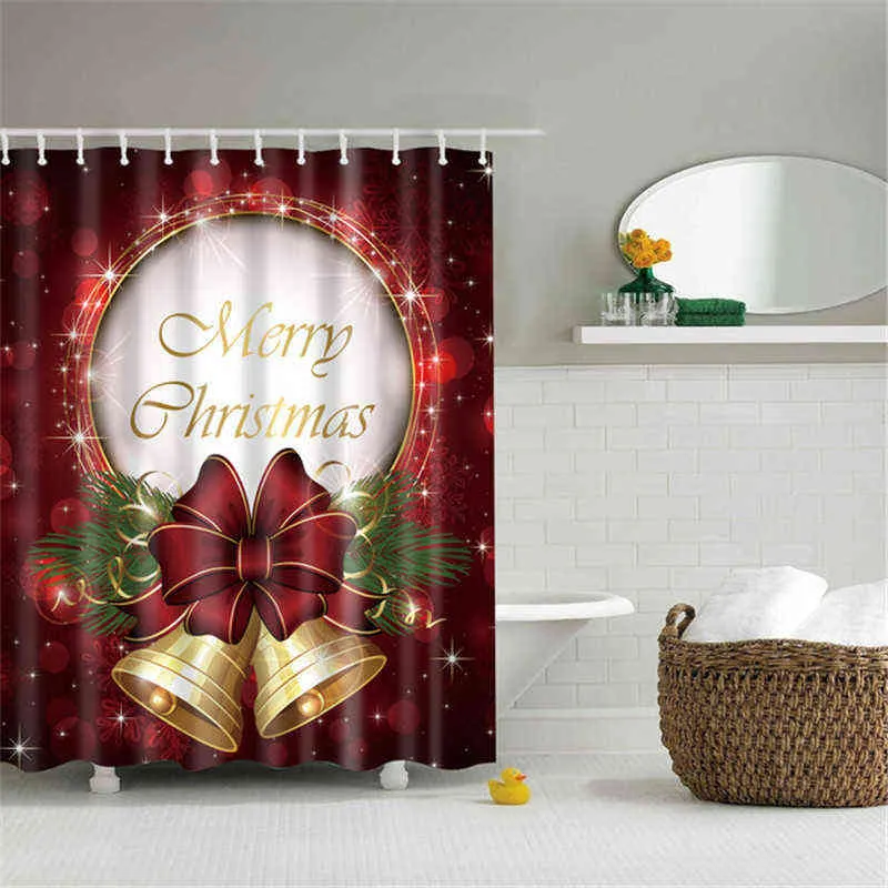 Lighted Christmas Shower Curtain Printed Happy Year Santa Claus Red Waterproof Curtains for Shower Bathroom Christmas Decor 211116