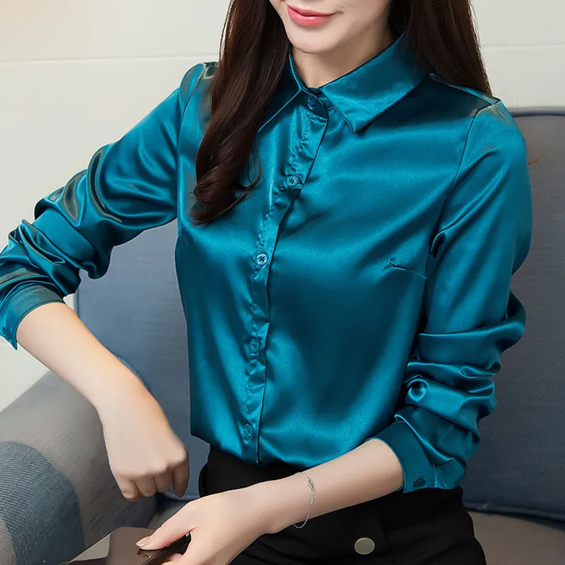 Camicia in raso elastico Primavera Donna manica lunga Elegante Office Lady abbigliamento da lavoro top Moda Camicia viola blu verde 3400 50 210521