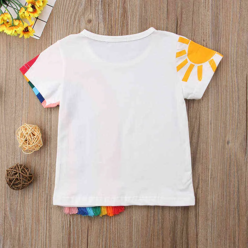 Lioraitiin 1-6 años niño nueva moda bebé niña verano camiseta manga corta Arco Iris impreso borla Patchwork algodón Tops G1224