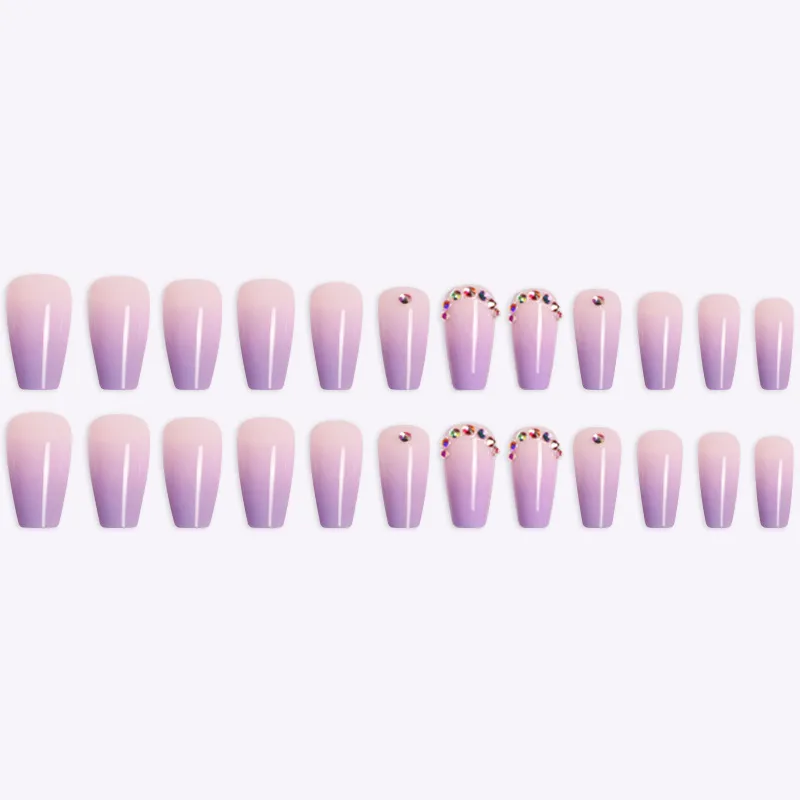 French Rhinestone Purple Ombre Fake Nails Ballerina Long Glossy Coffin Press on Nail False Tips Artificial Finger Manicure 