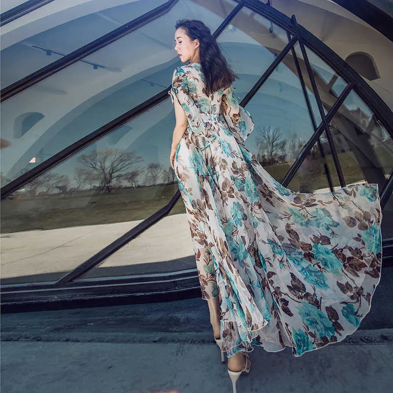 Yosimi Chiffon Long女性のドレス夏のマキシ花柄プリントo-neckプラスサイズS-XXXL高品質ブルーパーティーエレガント210604