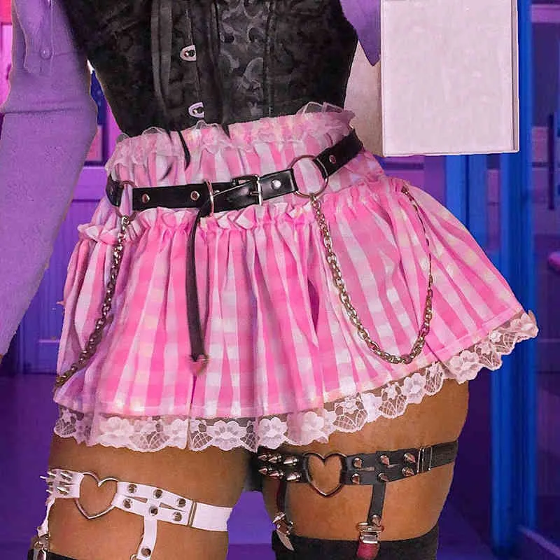 Rosa Plaid Mini Skirt Kvinnor Pläterad Hög midja Y2K Estetisk Gothic Lace Patchwork A-Line Kjolar 90s E-Girl Lolita Kläder 210517