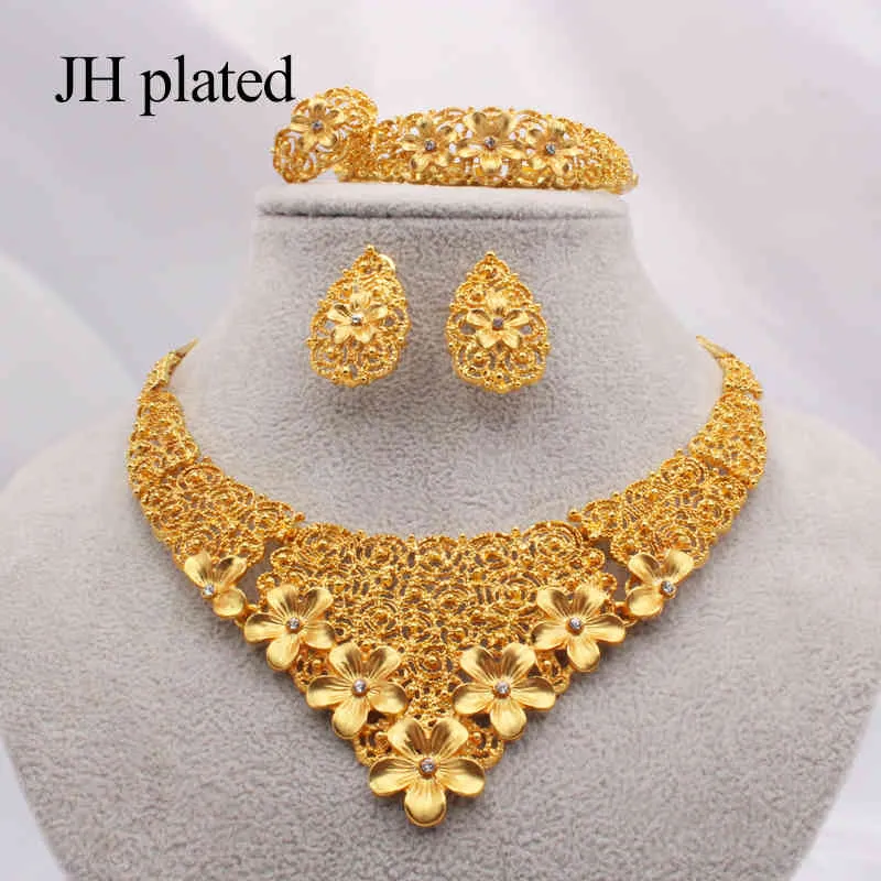 Dubai Gold Jewelry Ensembles de mariage de mariage africain Cadeaux pour femmes Boucles d'oreilles de collier arabe saoudien