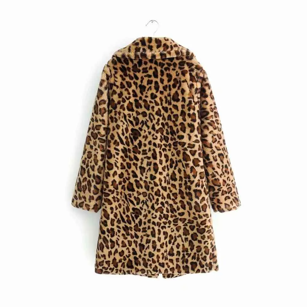 Hiver long manteau léopard femmes fausse fourrure mode manches chaud veste en peluche hiver coréen 210521