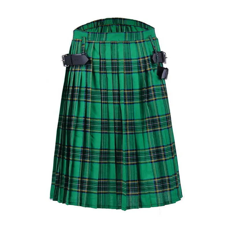 2020 Schottischer Herren-Kilt, traditioneller karierter Gürtel, plissierte bilaterale Kette, braune Gothic-Punk-Schotten-Tartan-Hose X0628