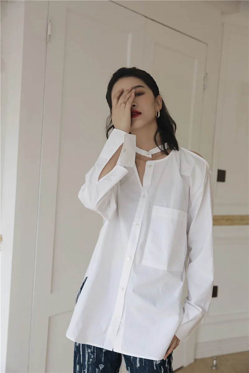 Off Shoulder White Long Sleeve Blouse Fall Women Button Up Shirt Loose Streetwear Designer Top Autumn Clothing 210427