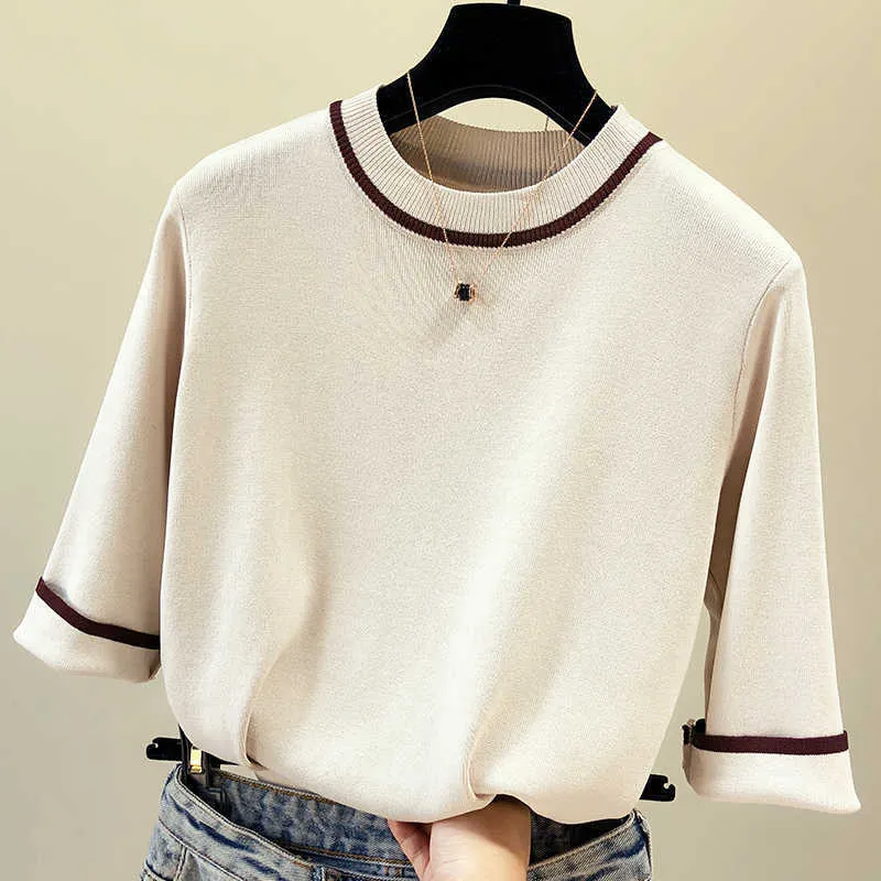 Summer Short Sleeve Pullover Women Sweater Knitted Sweaters O-Neck Tops Korean Pull Femme Jumper Female White thin sweater 210604