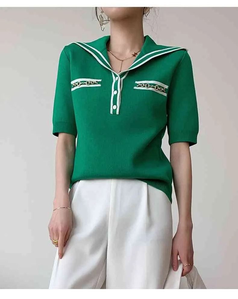 韓国のファッションポロカラーTシャツの気質海軍の大学の半袖ニット夏のトップ服210520