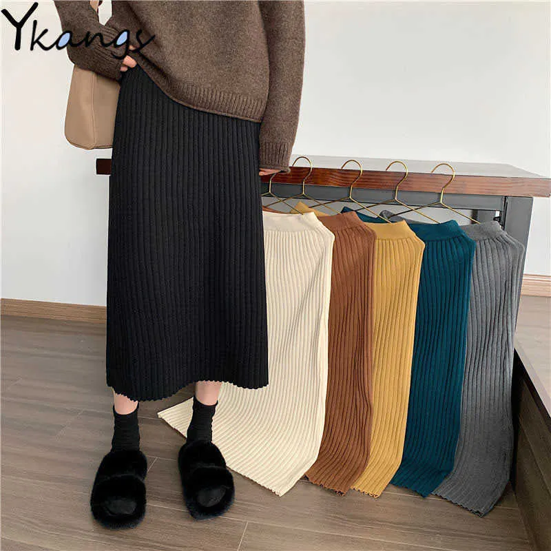 Stickad vinter kvinnors tjocka blyerts kjol i mitten längd hösten lös all-match svart kjol kvinnlig svart plus storlek tröja kjol 210619
