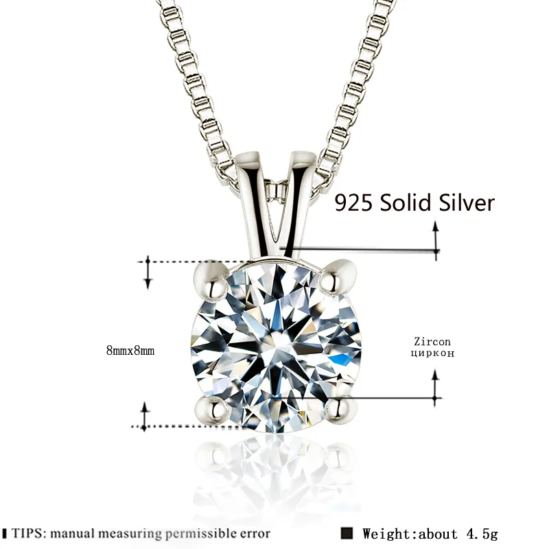 Solitaire 8mm 2CT Zirconia Diamond Colgante Collar 925 Solid Silver Choker Declaración Collares Mujeres Joyería
