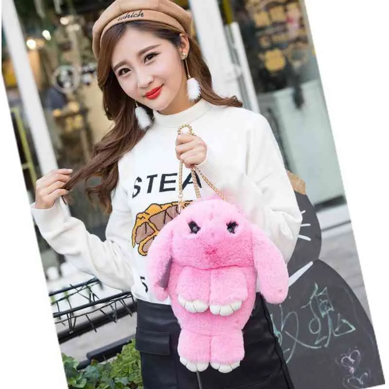 Schattige Pluizige Konijnenbont Pompons Keten Tas Vrouwen Cartoon Konijn Sling Bag Fluffy Bunny Schouder Pluche Rugzak Meisje Verjaardagscadeautjes 220210