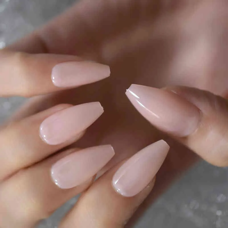 Fałszywe paznokcie Glossy Gel Nude Pink Full Cover Press On False Nails Medium Composin Ballet Solid Color Fałszywy zestaw Długie Paznokci 220225