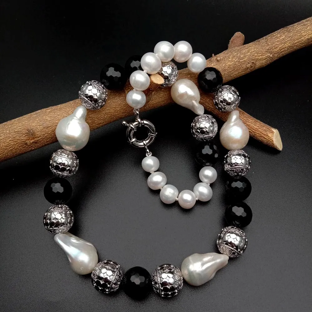 YYGEM Natural Freshwater Cultured Pearl White Keshi Black Onyx Round Halsband 21 