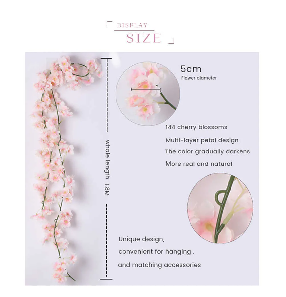 PARTY JOY 144 1.8M Artificial Cherry Blossom Garland Fake Silk Flower Hanging Vine Sakura for Party Wedding Arch Home Decor Y0728