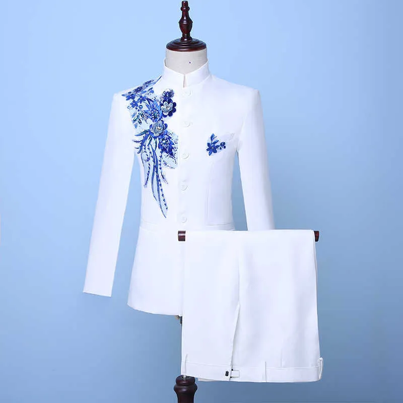 2019 Autumn Chinese Style White Stand Collar Two-Piece Men's Jacket Suits Blue Sequin groom suit CostumesJacket+Pants X0909