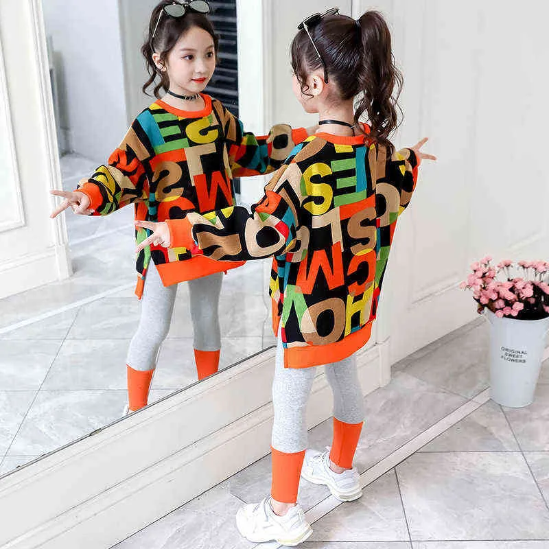 Kinderkleding Pak Meisjes Herfst Kleding Mode Casual Grote Kinderen Brief Trui + Leggings Tweedelige Set 220106