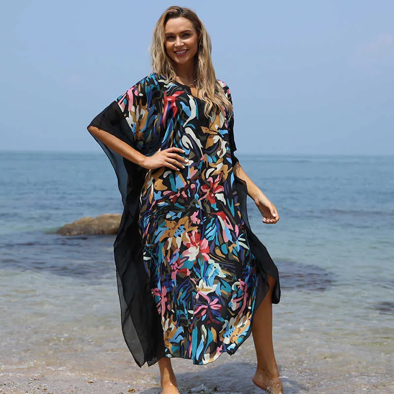 Sexy Bohemian Maxi Dress Plus Size Długie okładki UPS Plaża Tunika Pareo De Plage Garnitur Kąpielowy Pokrywa Nosić kostium kąpielowy 210722