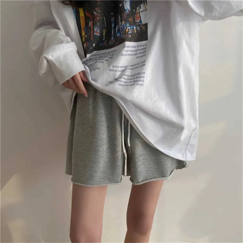 Vintage Solid High Taille Wide Leg Sports Shorts Summer Women Casual Trapstring Losse korte broek Harajuku Pocket Streetwear 210619