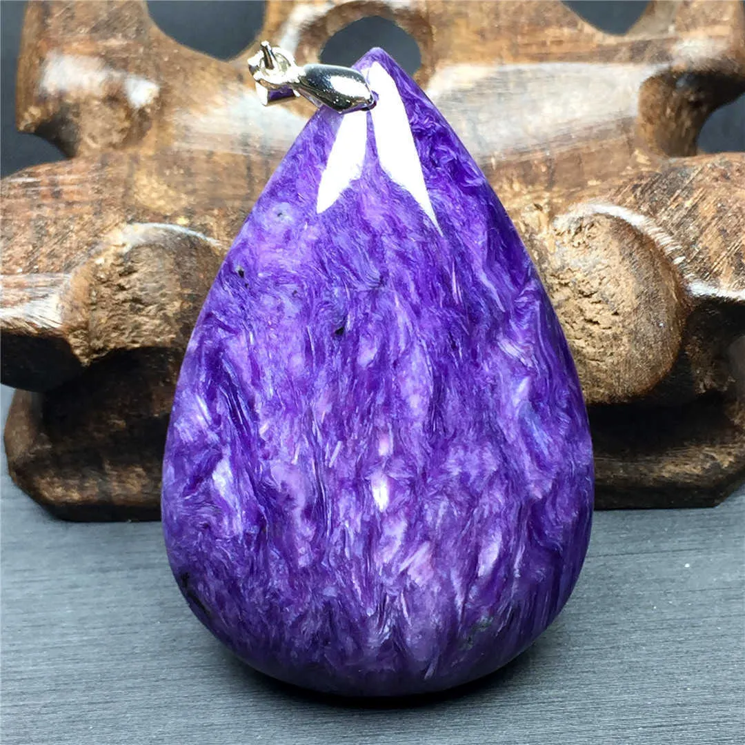 Gioielli ciondolo in cristallo di charoite viola naturale donna uomo Russia regalo di guarigione pietra argento 50X33X11mm perline pietra preziosa AAAAA H1015