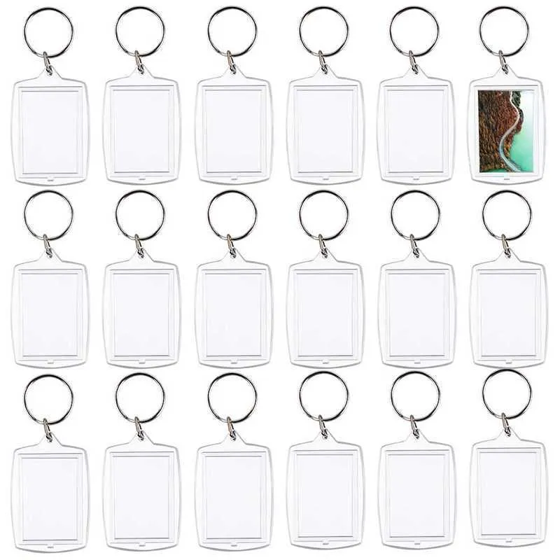 100 pièces Po porte-clés Rectangle Transparent blanc acrylique insérer Po cadre photo porte-clés bricolage anneau fendu H0915281f