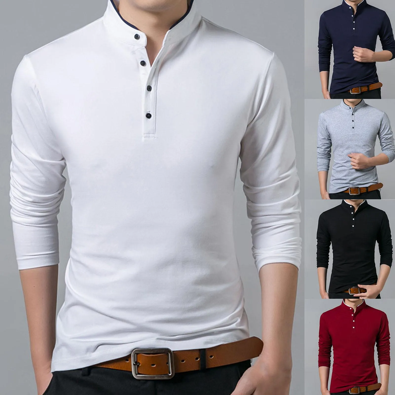 Men Autumn Casual Elegant Work Shirt Solid Color Long Sleeve Stand Collar Base T-shirt Buttons Sweatshirt Plus Size Shirts 4XL