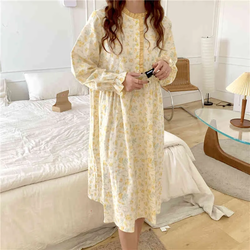 Casual Homewear elegante nightdress de algodão de algodão nightwear retro doce moda macia casa pijama 210525