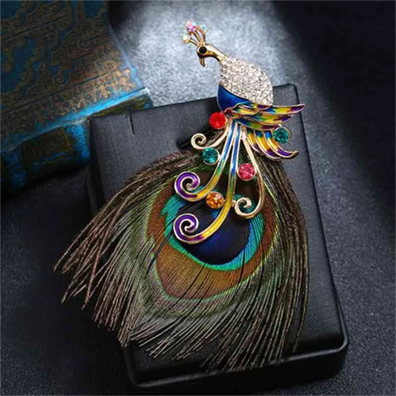 Luxury Original Handmade Peacock Feather Ethnic Jewelry Flowers Vintage Rhinestone Crystal Brooch Suit Accessories