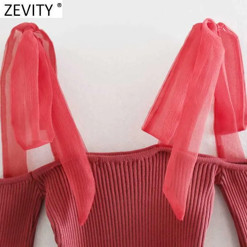 Zevity 여성 섹시한 슬래시 목 밖으로 뜨개질 스웨터 여성 세련된 긴 소매 Organza 스트랩 패치 워크 풀오버 탑 S599 210603