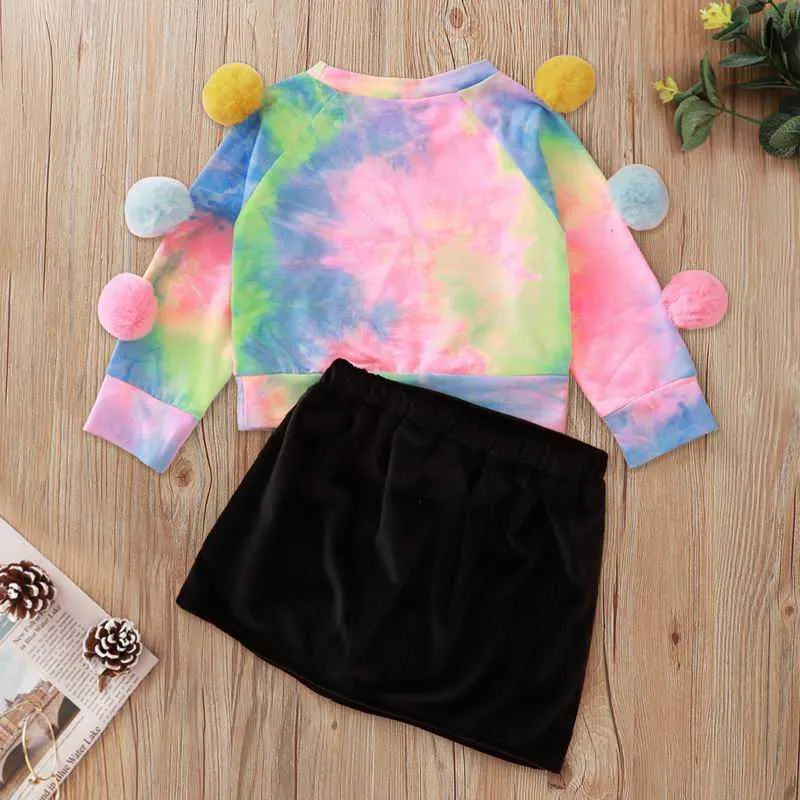 Baby Mädchen Kleidung Set Mädchen Tie-Dye Farbige Ball Langarm T-shirt + schwarz Rock 2 stücke Outfits Kinder E22179 210610