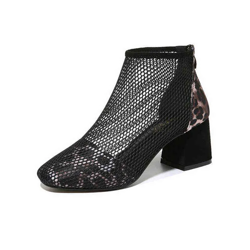 Elbise Ayakkabıları Nefes Örgü Yaz Seksi Bayanlar Pompalar Yuvarlak Ayak Sırt Fermuar Kalın Yüksek Topuklu Blackleopard Rahat Moda Kadın Ayakkabı Ayakkabı 220315