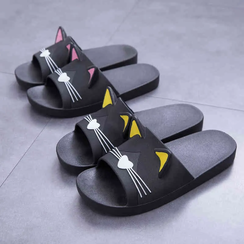 Vrouwen zomer slippers strand glijbaan sandalen cartoon katten flip flops zachte enige comfortabele mannen paar dames bade schoenen zapatillas y0427