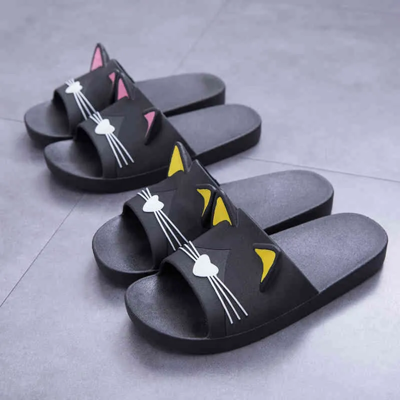 Women Summer Slippers Beach Slide Sandals Cartoon Cats Flip Flops Soft Sole Comfortable Men Couple Ladies Bathe Shoes Zapatillas Y0427
