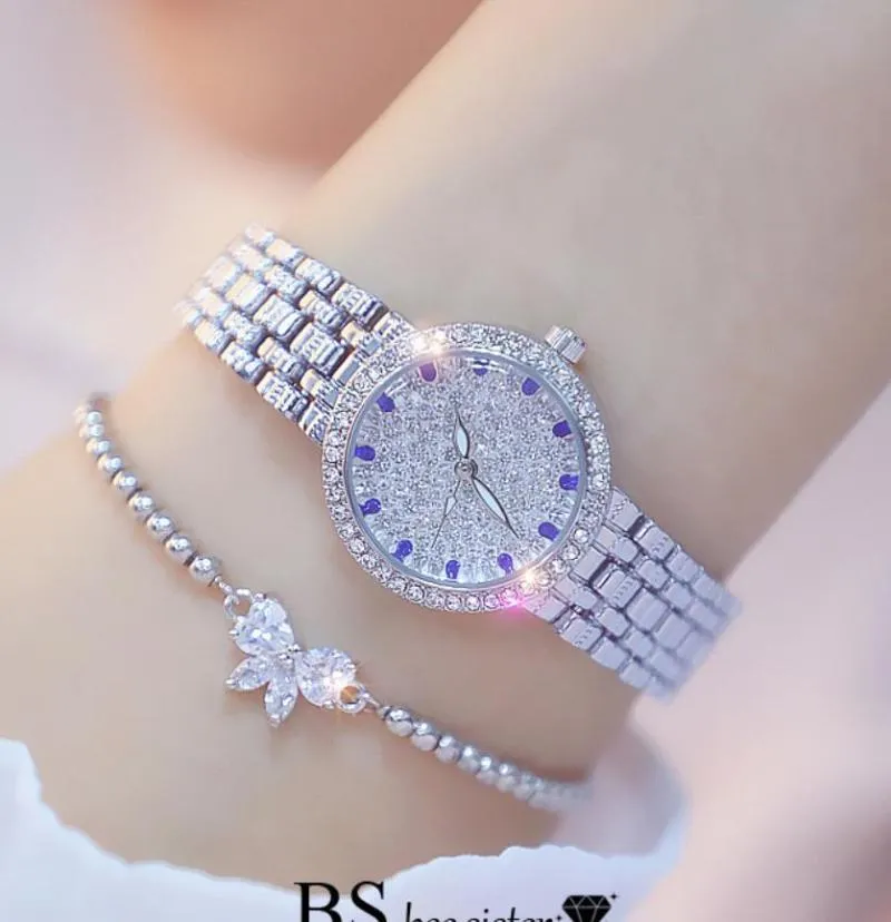 Montres-bracelets 2021 Bs Bee Sister Diamond Quartz Montre de luxe Femme Rose Gold Dames Acier inoxydable Bracelet étanche Cristal Unique2754