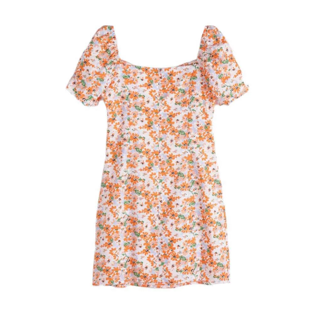Robe d'été bohème Boho imprimé floral plage femmes vêtements vintage col carré bouton manches courtes mini 210520