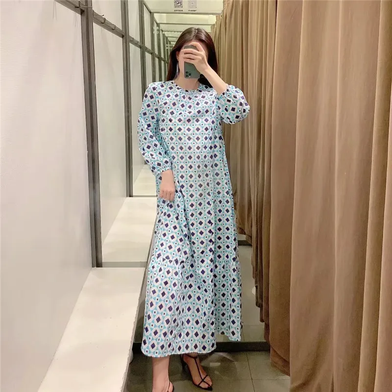 Blue Women's Summer Long Dress Vintage Print Semi Sheer Sleeve Woman Dresses Ruffle Loose Casual 210519