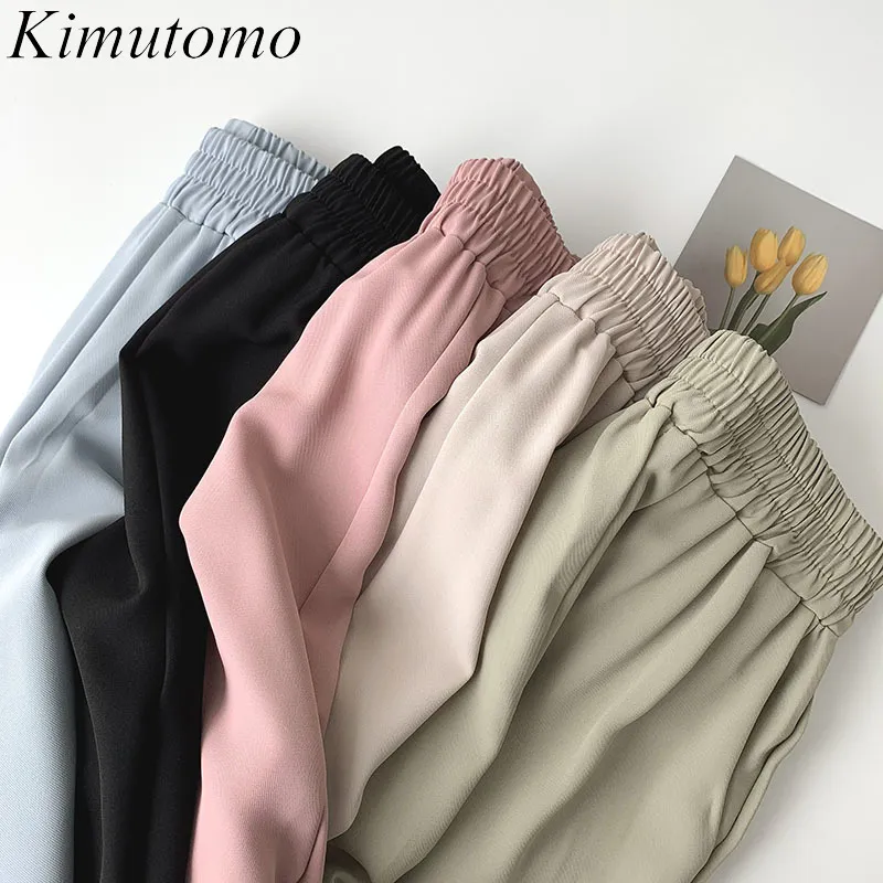 Kimutomo Solid Casual Pants Spring Women Clothing Korean Fashion Elastic High Waist Wide Leg Trousers Outwear Chic 210521