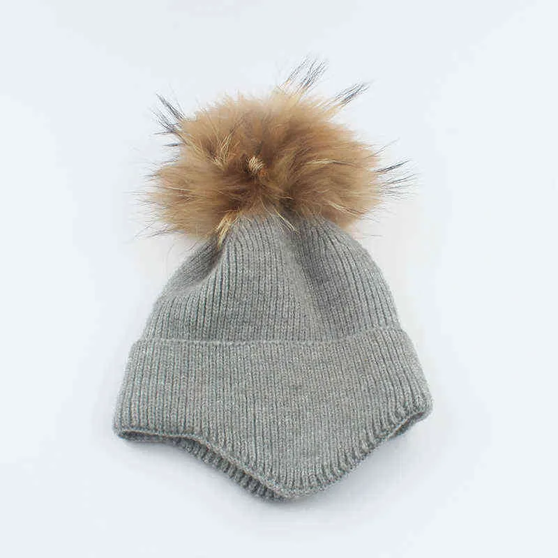 Mädchen Frauen Winter Wolle Beanie Hut Streetwear Warme Ohr Schutz Skullies Beanies Echte Waschbär Fell Pompon Gestrickte Hüte 211229