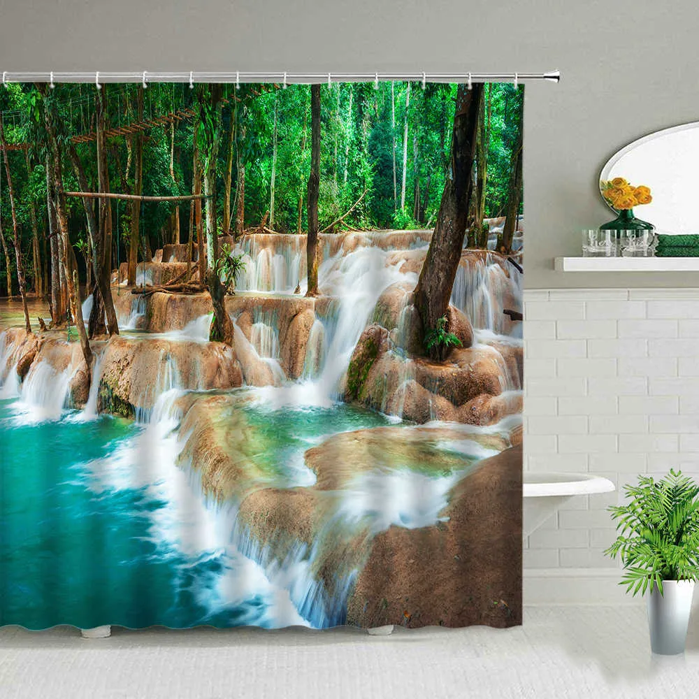 Waterfall Landscape Flower Birds Shower Curtains Summer Natural Scenery Waterproof Curtain Home Bathroom Decor Polyester Cloth 210915