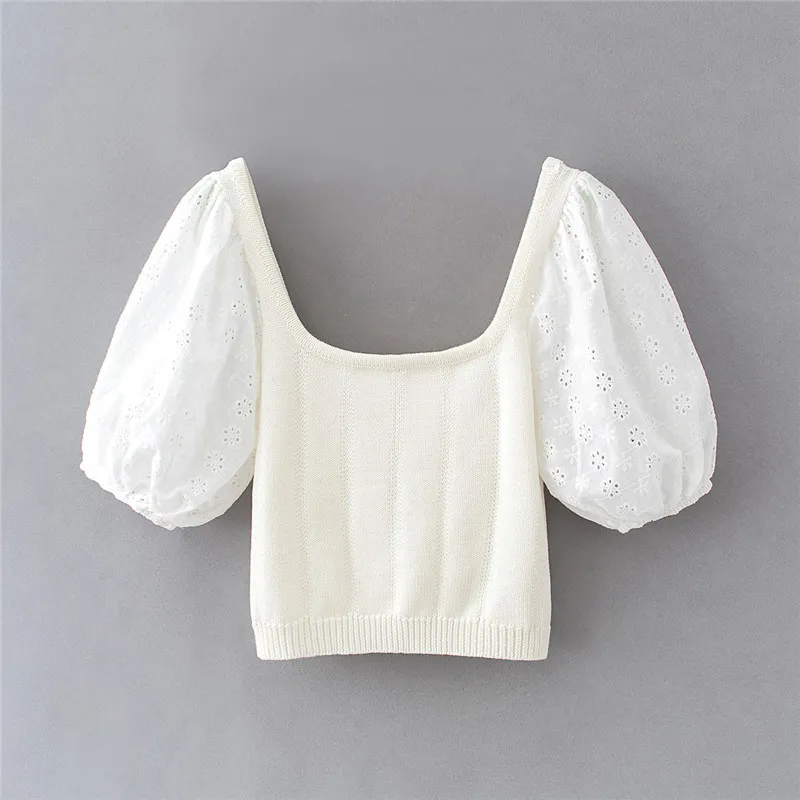 Sexy Office Wear Knitted Hollow Out Patchwork Crop Blouses Women Fashion Square Collar Puff Sleeve Female Shirts Chic Tops 210430