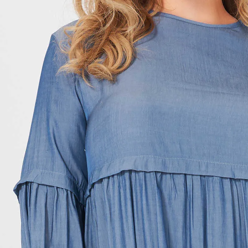 夏の女性の長いドレスファッション甘い純粋な青色のオネックプリーツケーキルーズ大きなサイズの大きなスイングスリーブドレス210623