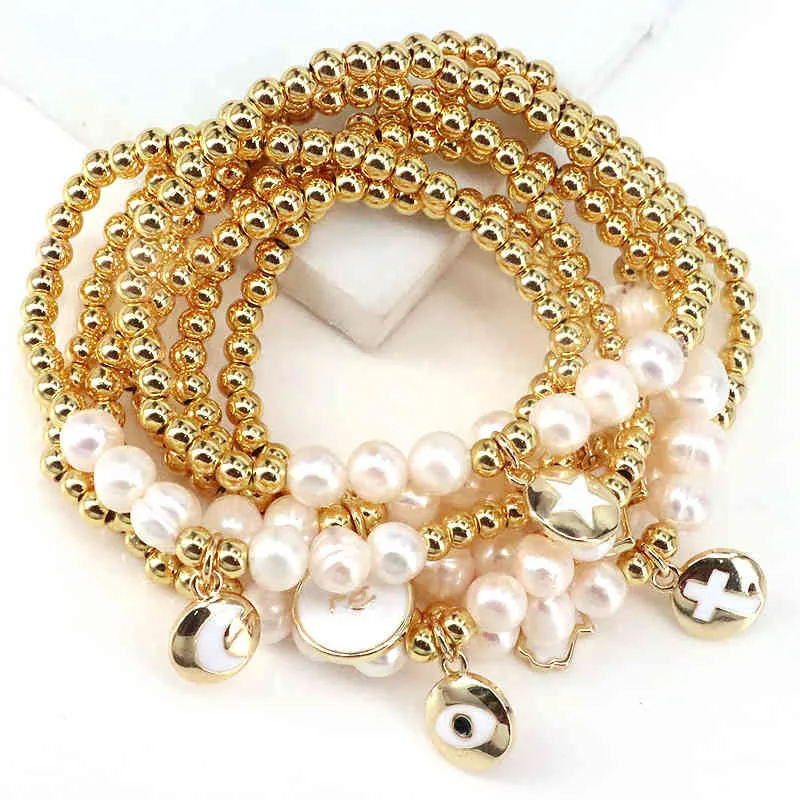 6 pièces est bracelet de perles de cuivre rempli d'or de haute qualité étoile blanche/oeil/croix/breloque de lune