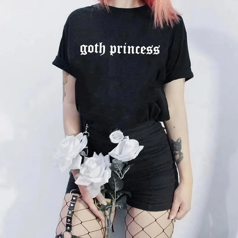 Goth Princess Letter Punk Ulzzang Vintage Funny Black Horror Hip Hop Short Sleeve Gothic Tops Tees Summer Women T-Shirt 210518