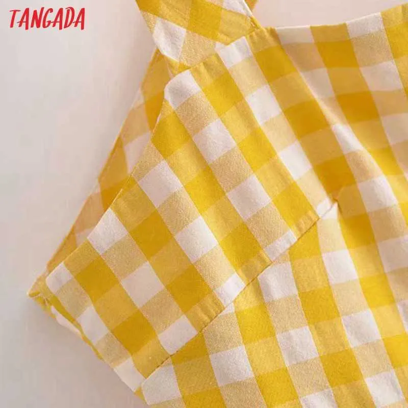 Tangada été femmes jaune imprimé à carreaux dos nu longue combinaison sans manches femme Sexy plage combinaison QN87 210609