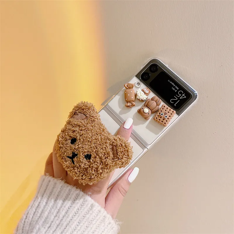 Étui de support de téléphone ours moelleux 3D mignon pour Samsung Galaxy Z Flip 3 ZFlip3 coque pliante béquille transparente couverture rigide PC Stand7881360