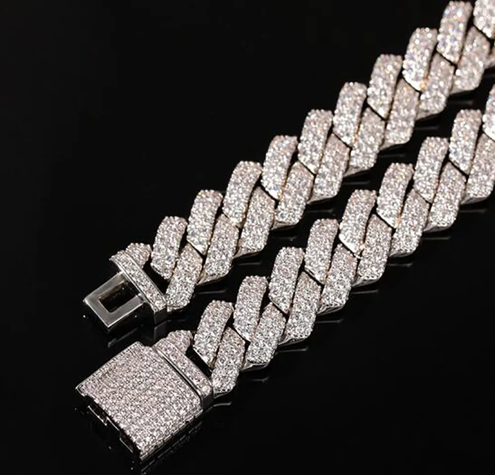 Chaîne à maillons cubains glacés pour hommes de 14 mm, plaqué or blanc 14 carats, collier à 2 rangées de diamants, bijoux en zircone cubique, 16 à 24 pouces de longueur 288 m