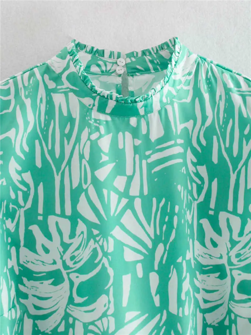 Streetwear femmes imprimer chemises mode dames Turquoise col montant hauts élégant femme Chic manches bouffantes Blouses 210527